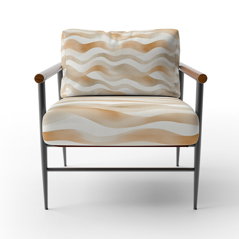 Fauteuil d'appoint rayé beige et orange, Bras ronds bruns