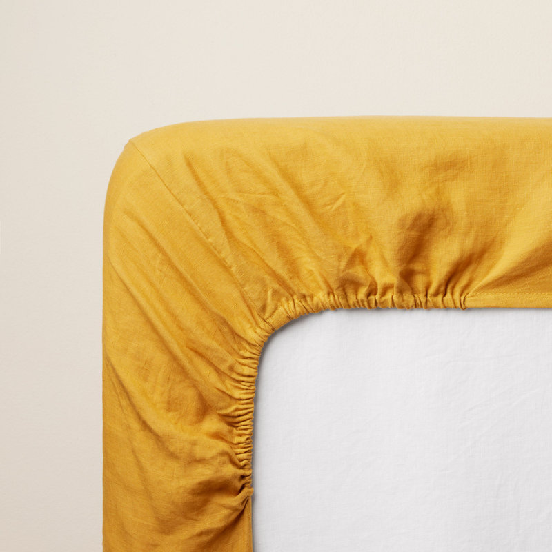 Carlina 100% Linen Plain Weave / Muslin Fitted Sheet, European Single (90 x 200 cm), Ocher