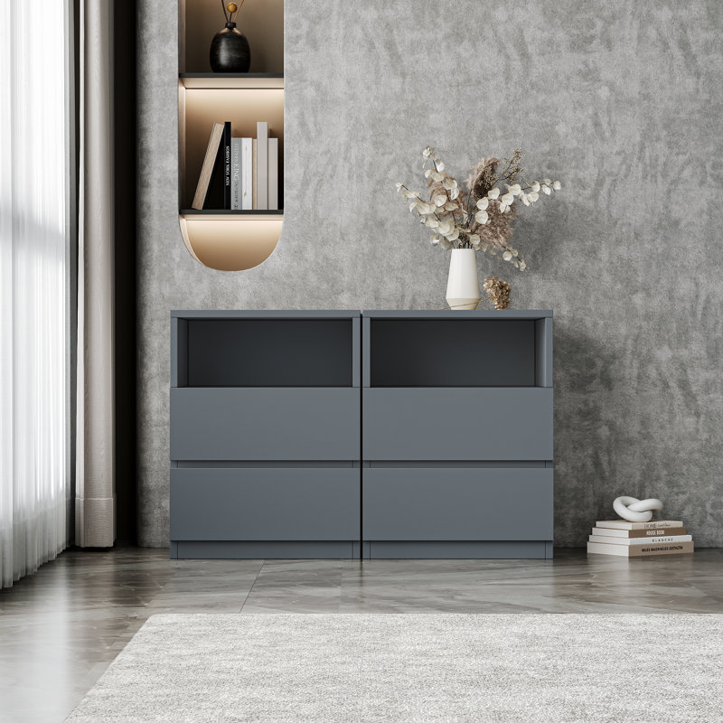 Two-piece Set 2 Drawers Cabinet Gray Freestanding Storage Cabinet, Modern Floor Multifunctional Corner Unit Nightstands With Open Shelf For Living Room, Bed Room