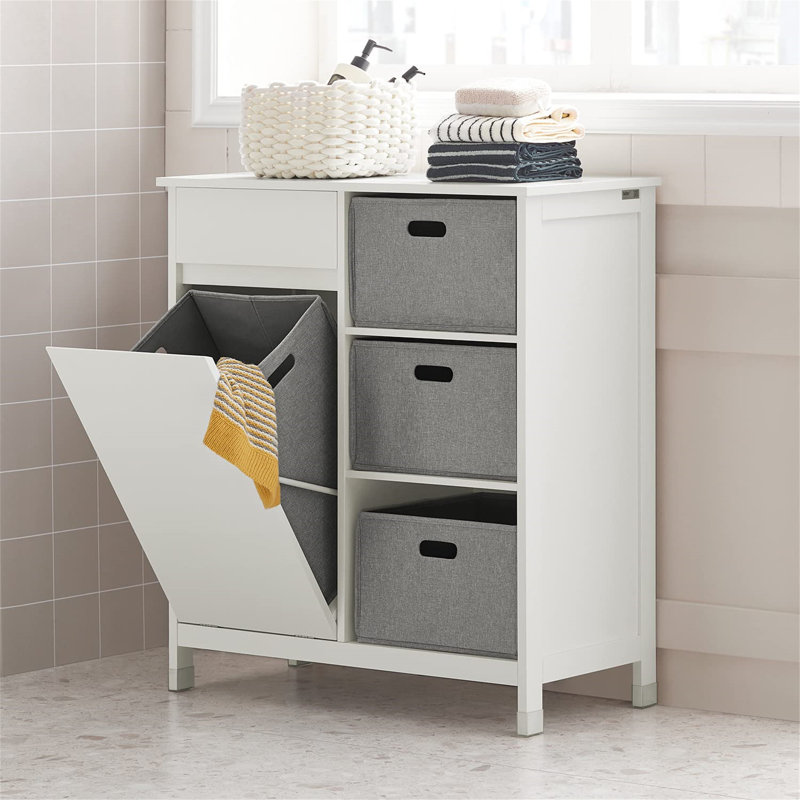 White MDF Laundry Sorter Cabinet with Gray Fabric Baskets