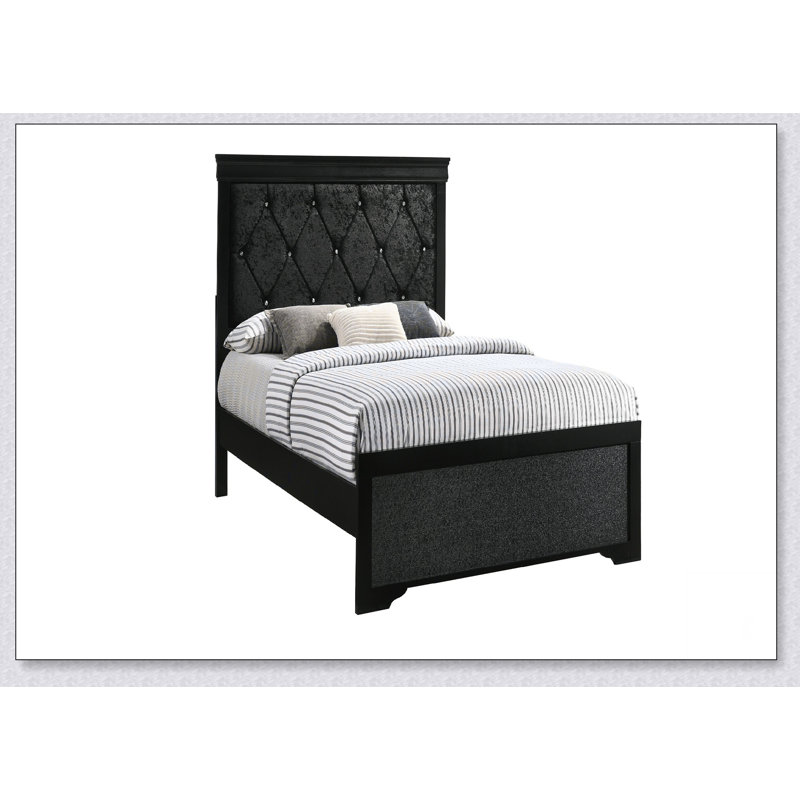 Lit à panneau tapissier en tissu avec tête de lit, Grand, Noir