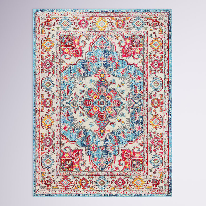 Tapis oriental rose / bleu / ivoire Osias, Rectangle 8 pi 6 po x 11 pi 6 po
