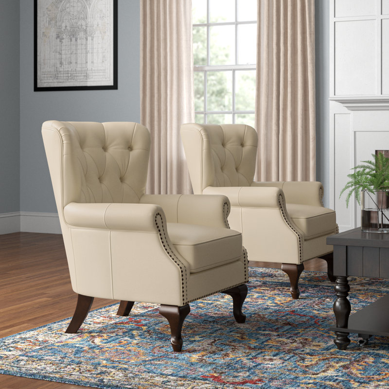 Ansumana 31.5" W Genuine Leather Wingback Club Chairs with Nailhead Trim (Set of 2), Beige