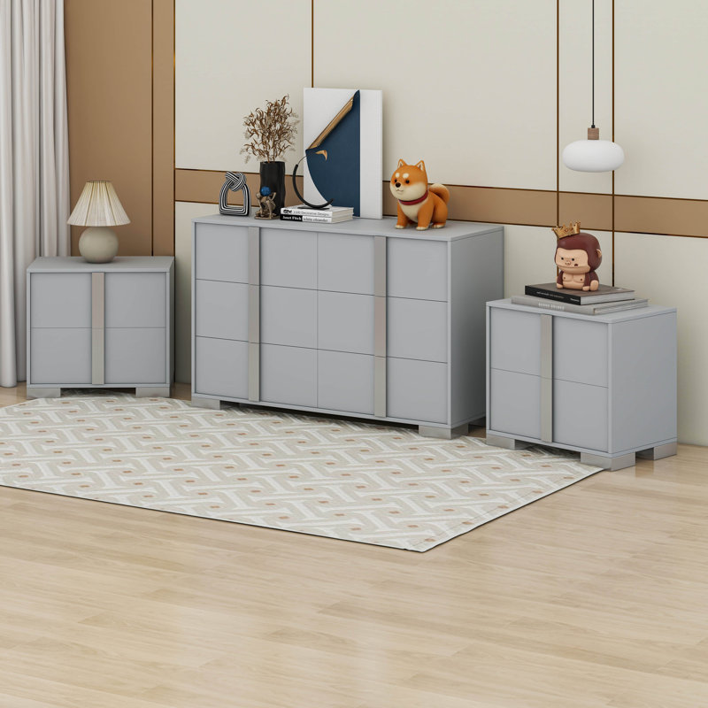 Ensemble 3 pièces moderne, commode élégante à 6 tiroirs et 2 tables de chevet, armoire de rangement et table de chevet avec poignées en métal