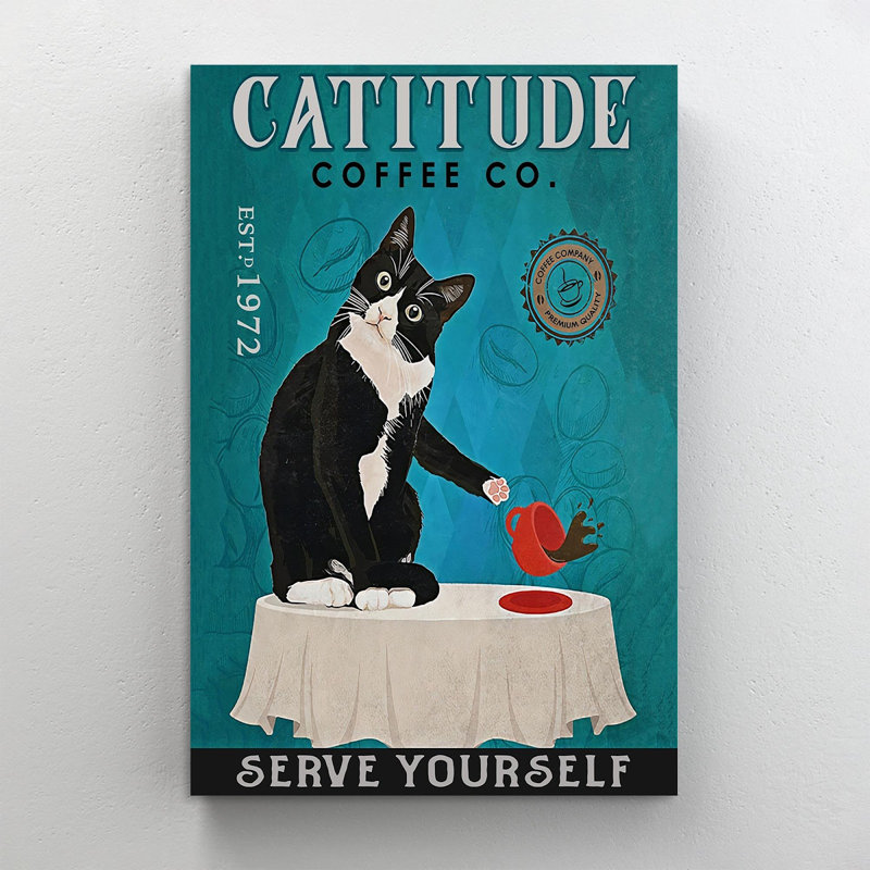 Cattitude Coffee Serve Yourself - 1 pièce, reproduction d'art graphique sur toile tendue, H 36 po x l 24 po x P 1,25 po
