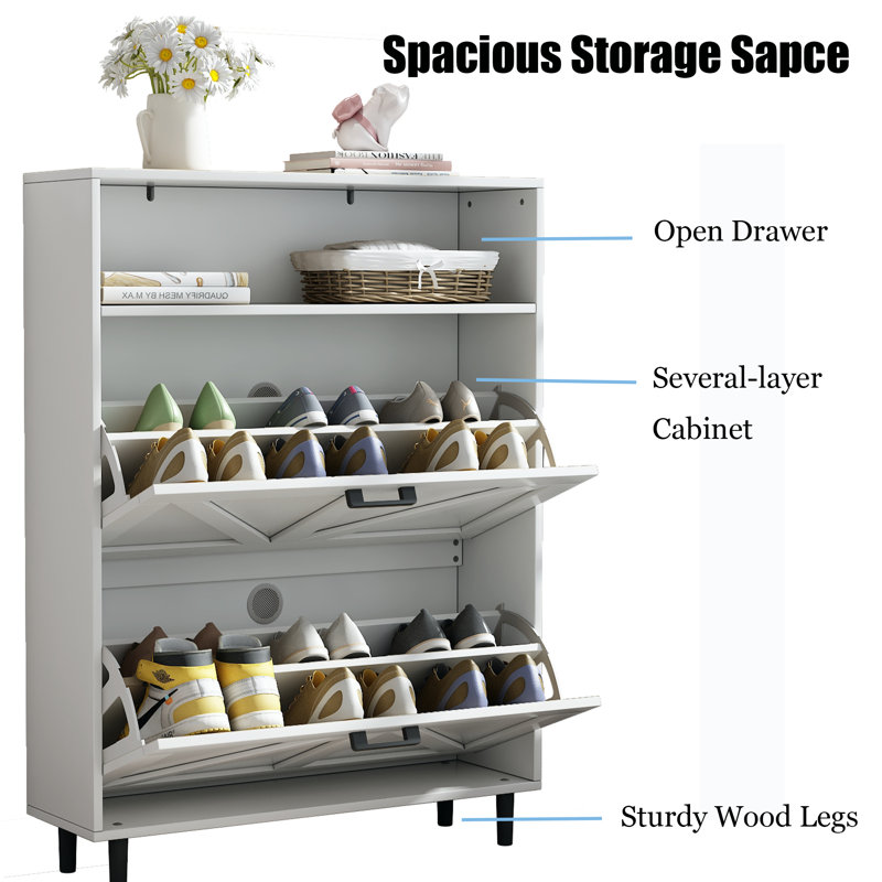Gracie Oaks Freestanding Narrow Shoe Rack Cabinet With Open Storage And Two Flip Drawers