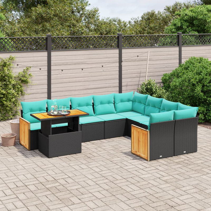  Ensemble de canapé de patio 10 pièces avec coussins en rotin de polyester, Noir, Vert