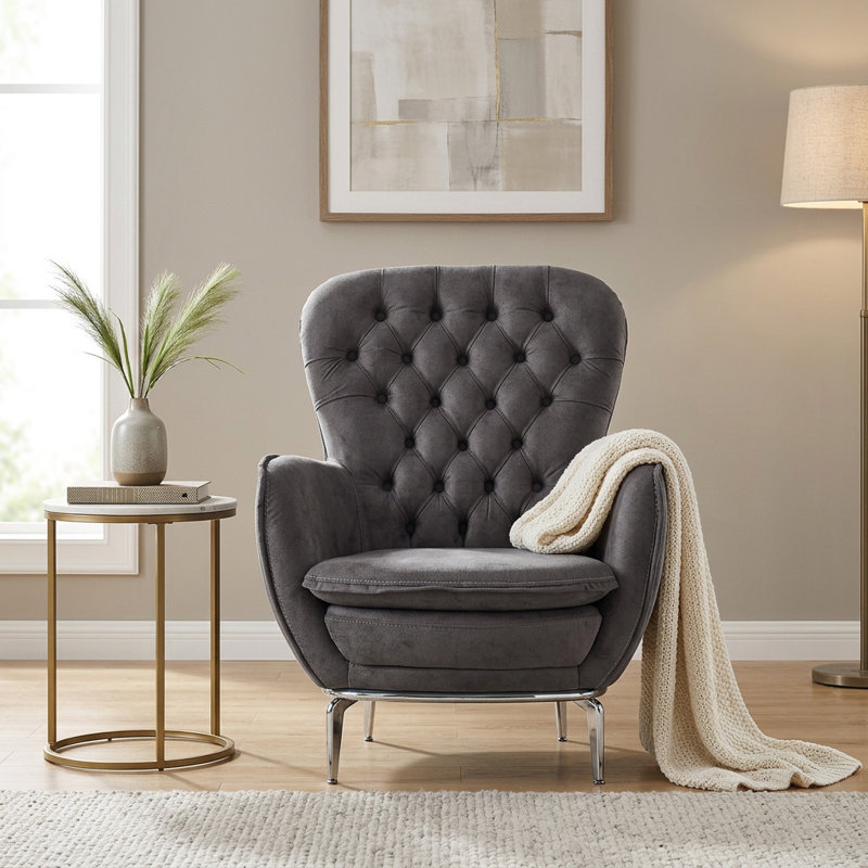 Fauteuil Chesterfield Eve, Argent argent, Noir