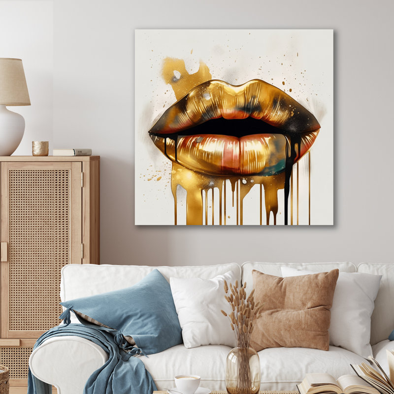 Gold Lips of Luxury I - impression sans cadre sur métal, H 23 po x l 23 po x P 1 po