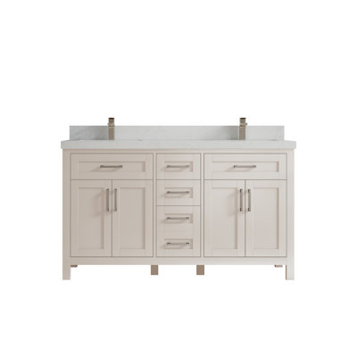 Cambridge 60 In. W X 22 In. D Double Sink Bathroom Vanity In Fine Grain With 2 In. Carrara Quartz
