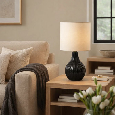 Nix Table Lamp, 17 Inch, Ivory Drum Shade, Ribbed Black Ceramic Base