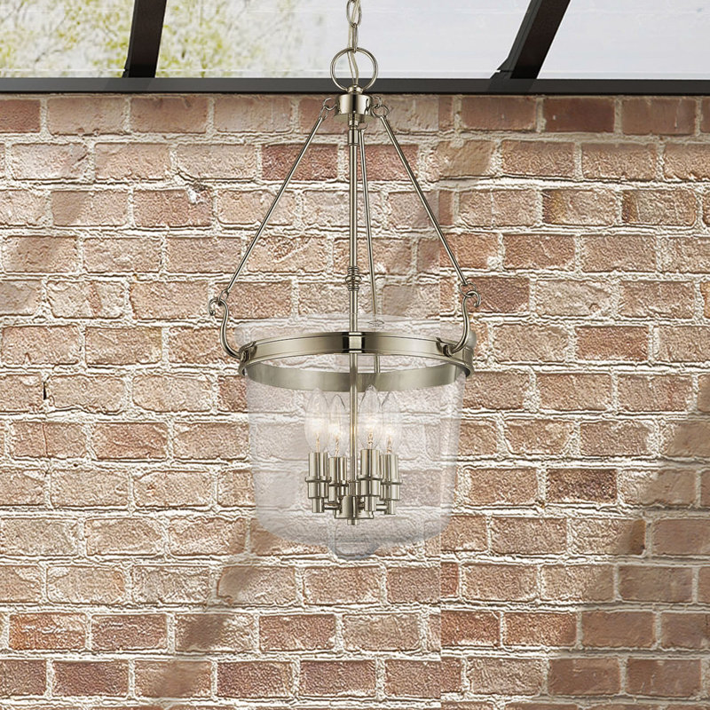 Polished Nickel 4-Light Hand-Crafted Clear Glass Jar Pendant