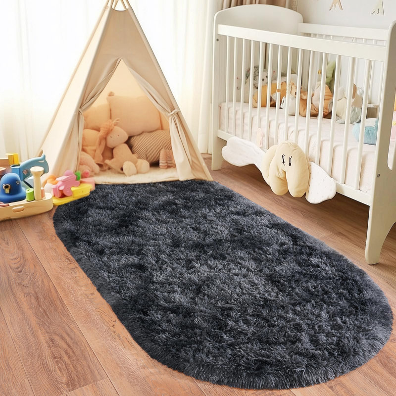 Shag Rug Soft Fluffy -Indoor Area Rug for Living Room Bedroom Nursery Kids Room, Oval 2'6" x 5'3", Tie-dye Black Gray
