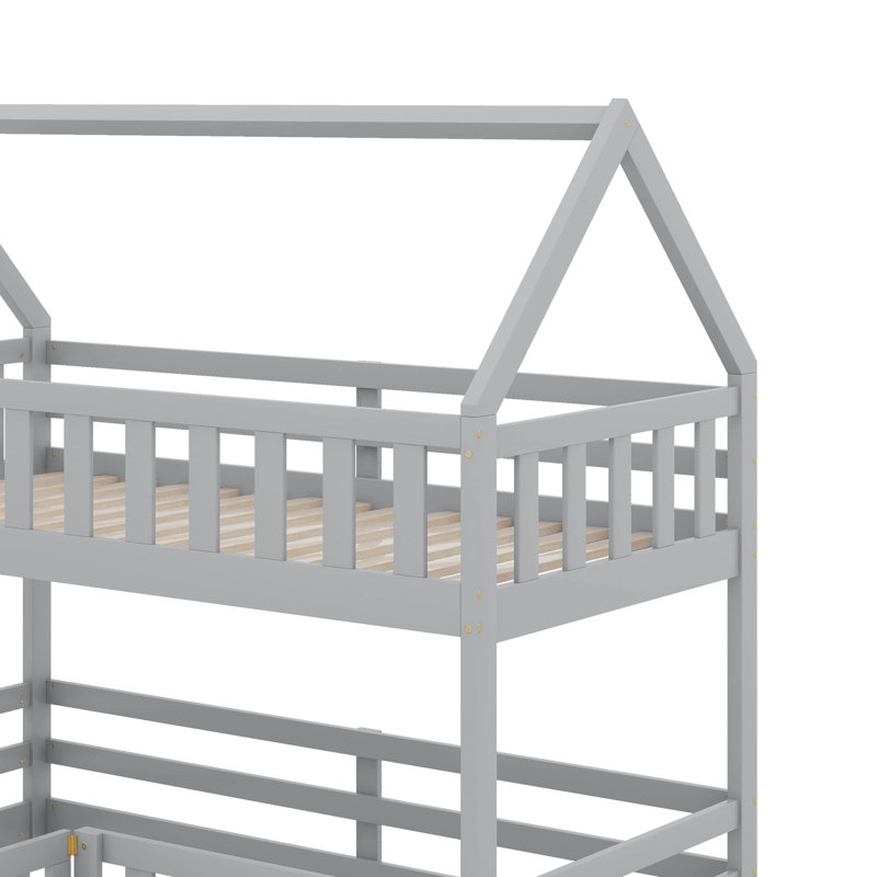 Twin Over Twin House Bunk Bed With Door And Fence, Gray
