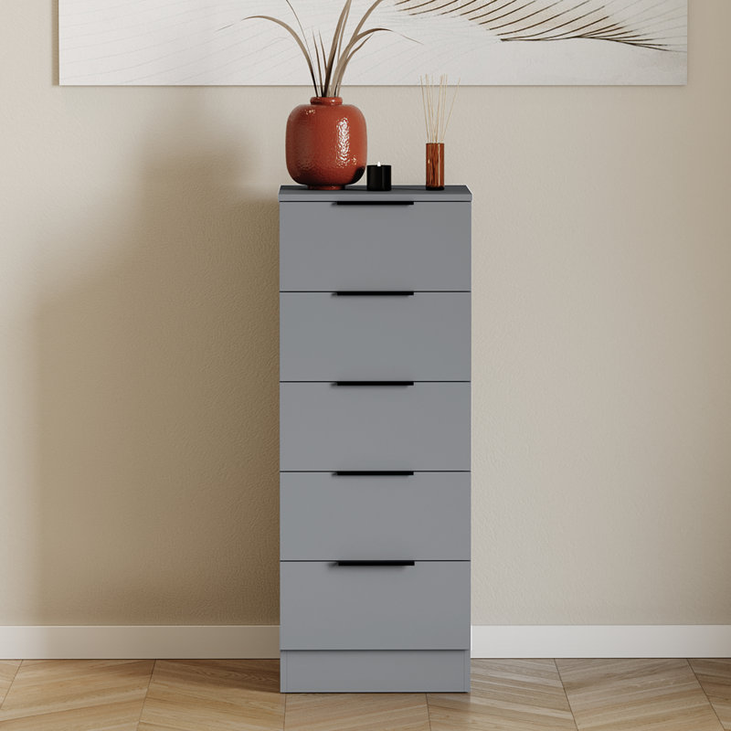 Tanishi 5 Drawer Narrow Chest Of Drawers Modern Storage Solution For Bedroom Nursery Home Office Living Room, Grey