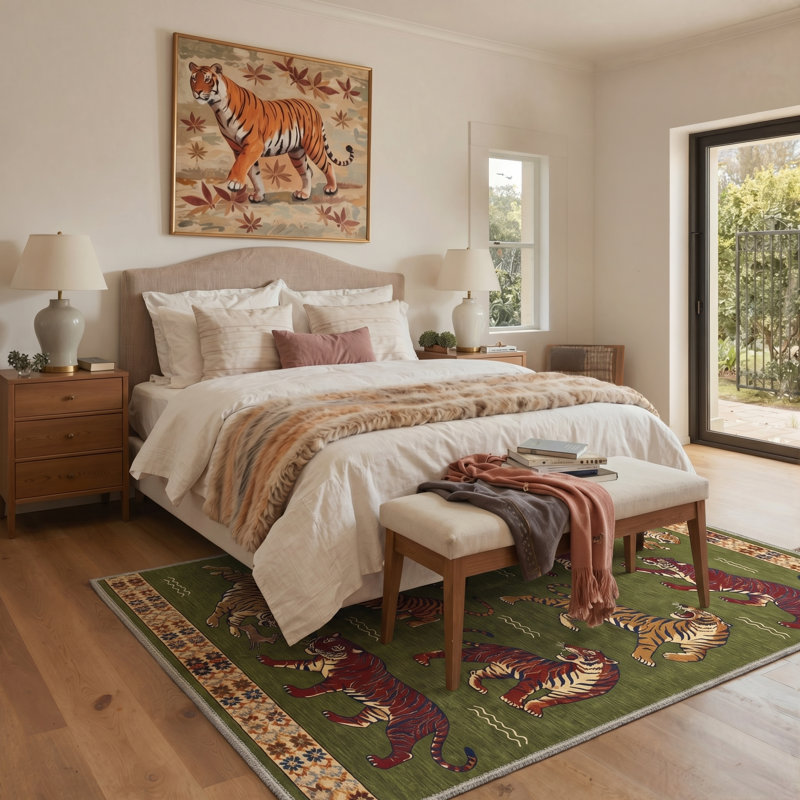 Tashianna Tigris Animal Print Machine Washable Green Indoor Area Rug with Non-Slip Backing, Runner 2' x 7'