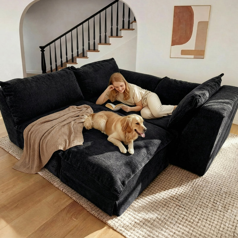 158" Modular Sectional Sofa, Double-Layer U-Shaped Cushion Cloud Comfort Couch, Black, 30" H x 157.48" W x 41.73" D