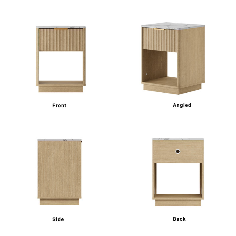 Seyla 18''W Fluted 1-Drawer Nightstand with Open Cubby, Wood Nightstand with Built-In Charging Outlets