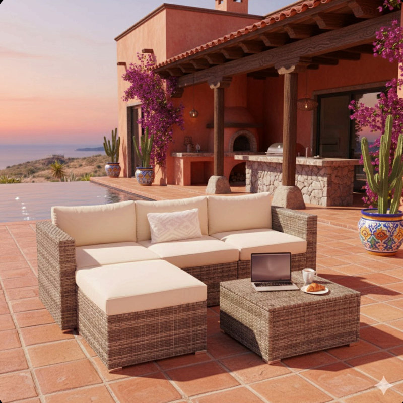 5-Piece All-Weather Wicker Patio Conversation Set With Cushions And Glass Table, Beige