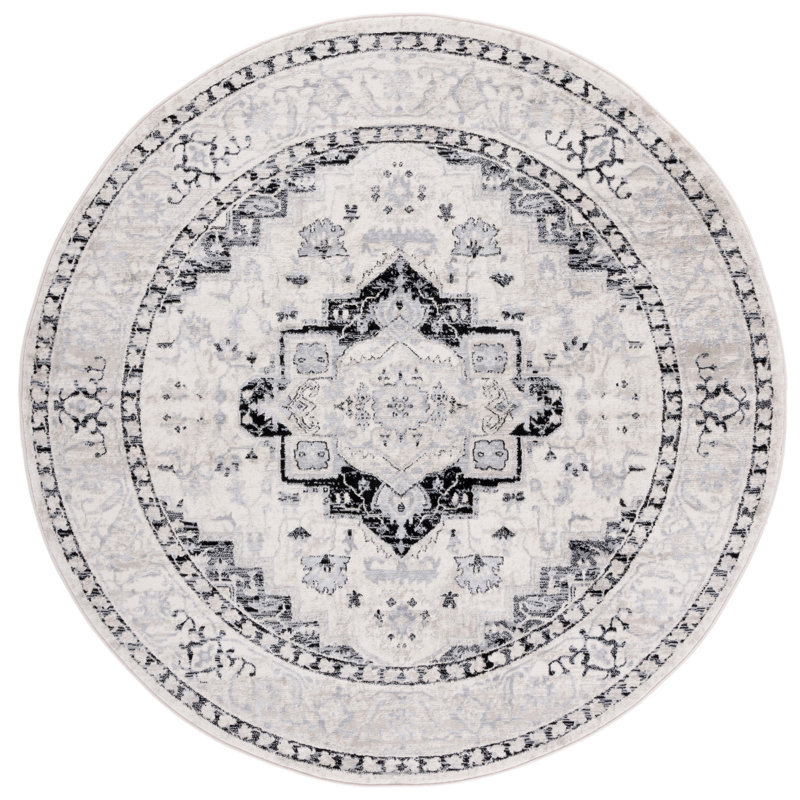 Ebner Oriental Ivory/Black Area Rug, Round 6'7"