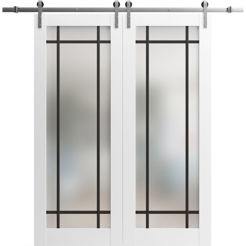 Porte de grange double robuste avec verre givré | Planum 2112 | Ensemble de cintres en métal argentés 13 pi | Portes intérieures modernes à panneau massif - Rail argenté