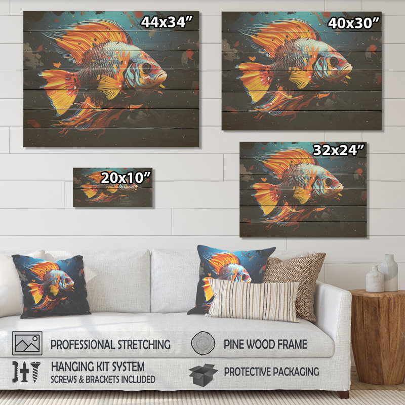 «Orange Pop Art Fish Marine Burst I» - Poisson papillon sur bois, H 24 po x l 32 po x P 0,78 po