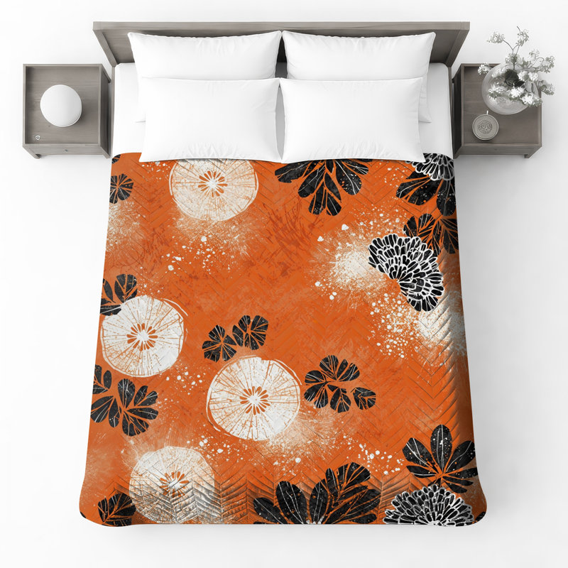 Couvre-lit matelassé à motif floral orange et noir toutes tailles, Grand lit