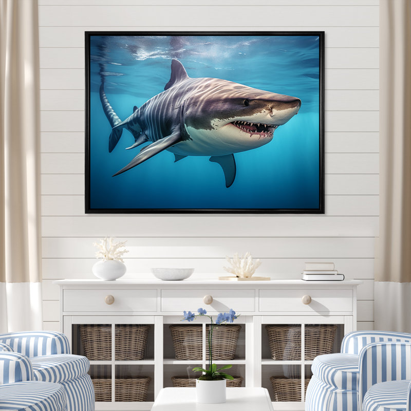 Tiger Shark Territory III - Shark Framed Wall Art, 30" H x 40" W x 1.5" D, Black Floater Framed