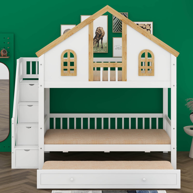 Full Size Wooden House-Style Bunk Bed With Window Door And Roof, Storage Staircase And Trundle