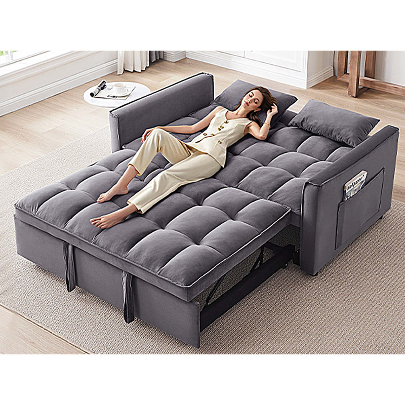 Canapé-lit convertible 3-en-1, canapé-lit double moderne en velours avec dossier réglable, sac de rangement et oreiller