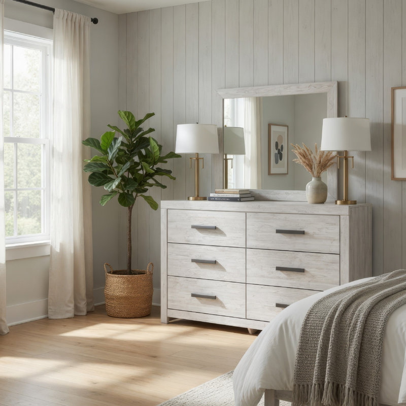 Ensemble de commode 2 tiroirs Cany, 6 tiroirs, poignées noires, blanc délavé