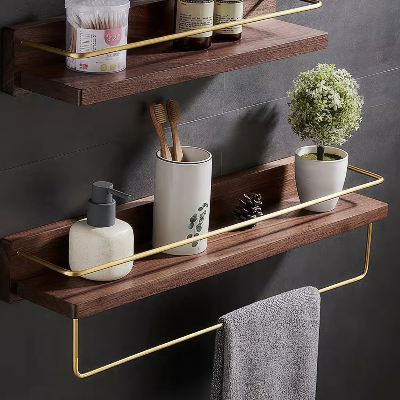 Chayane Walnut Solid Wood Floating Shelf with Towel Bar, 3.2" H x 16" W x 5.6" D