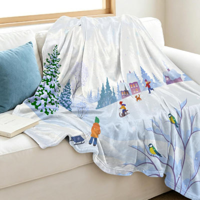 White Ultra Soft Flannel Fleece Throw Blanket,Cartoon of Winter Scene Single-Sided Print