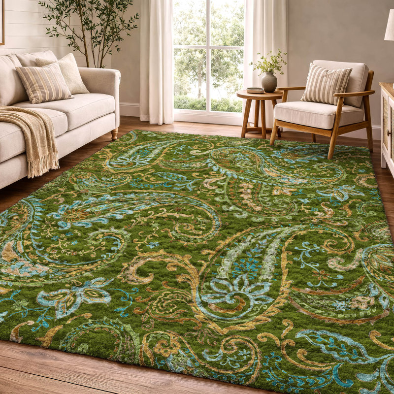 Tapis cachemire de qualité supérieure lavable à la machine ADS533, Vert, 3 pi x 5 pi