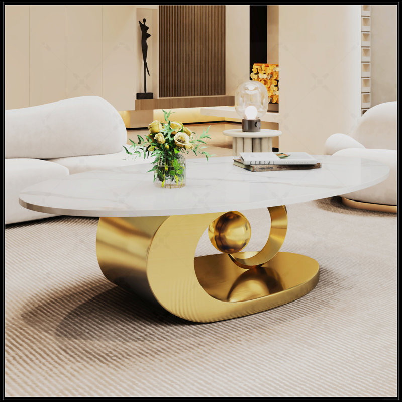 Marble Coffee Table With Sculptural Stainless Steel Base, Gold
