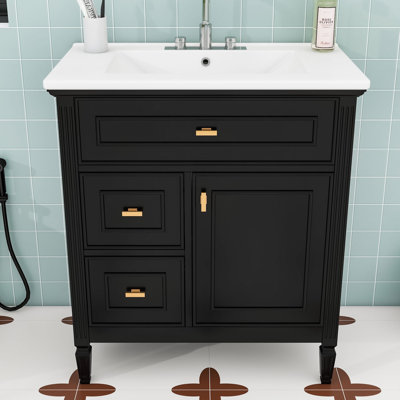 Meuble-lavabo 3 tiroirs avec plateau en céramique, tablettes réglables et poignées en métal