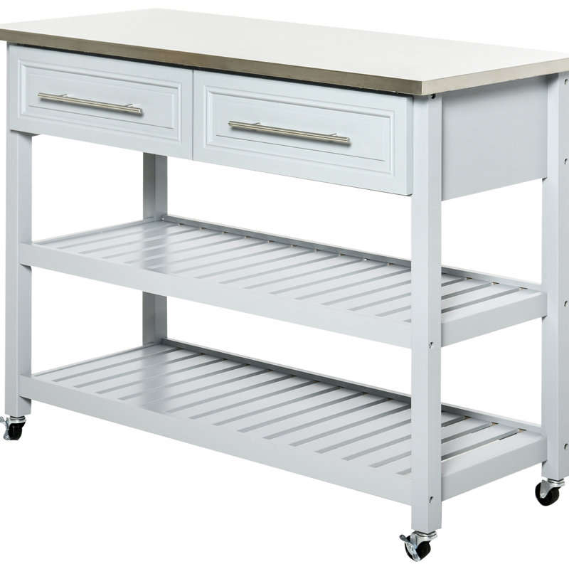 Îlot de cuisine avec plateau en acier inoxydable, îlot de cuisine traditionnel avec rangement, 2 tablettes ouvertes, tiroirs, gris clair