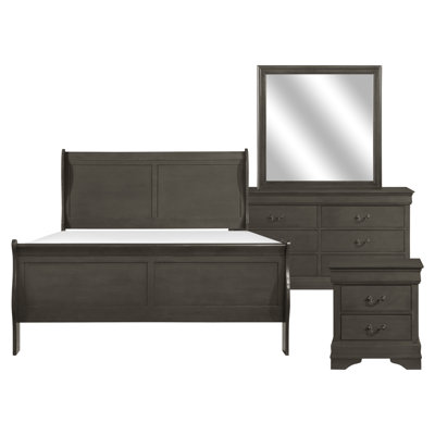 Ensemble de chambre à coucher grand lit quatre pièces Ve, style transitionnel, finition gris teint