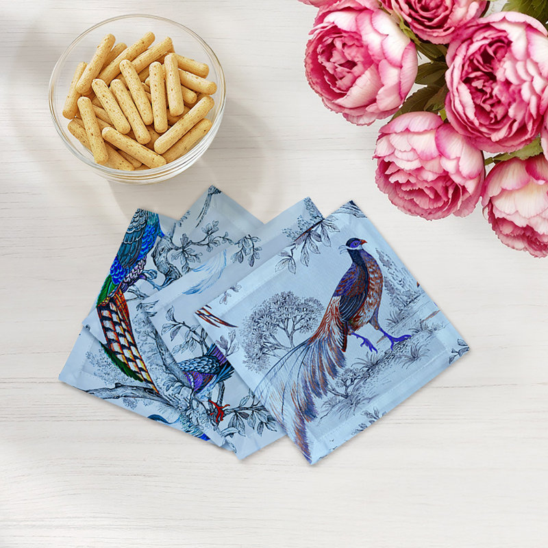 Pheasant Fall Sauvage Cotton Sateen Cocktail Napkins, Wedgewood