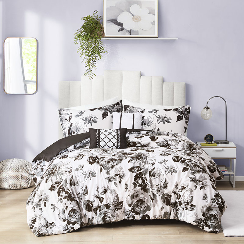 Édredon très doux pour très grand lit / très grand lit - imprimé floral noir et blanc, 2 taies décoratives, literie lavable à la machine pour un lit élégant