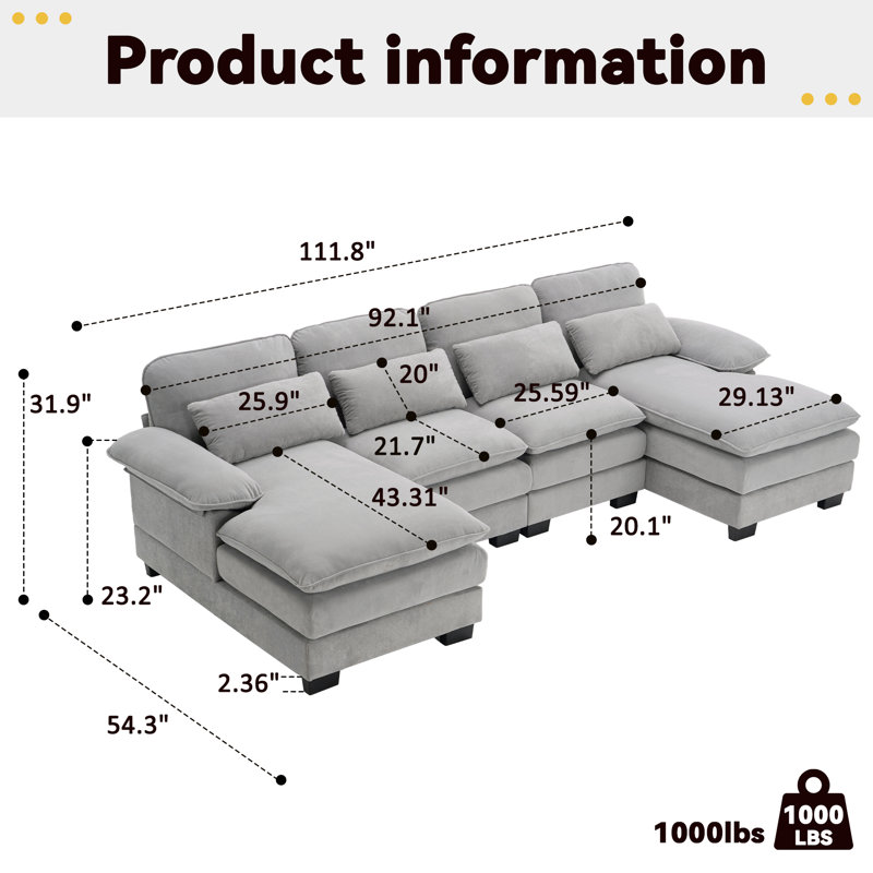 Balendin 111.8'' Soft U-Shape Sectional Couch Upholstered Sofa, Comfy Modular Cloud Couch, Light Gray Cloud Velvet