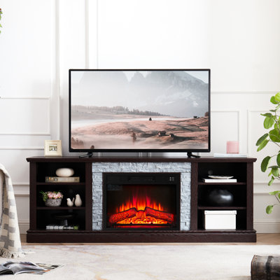 Tv Media Console With Faux Stacked Stone Surround And 23" Fireplace, Cherry, 70.17"W X 15.72"D 26.39"H, Fits 75" Tvs Table Fireplace Large Storage, For