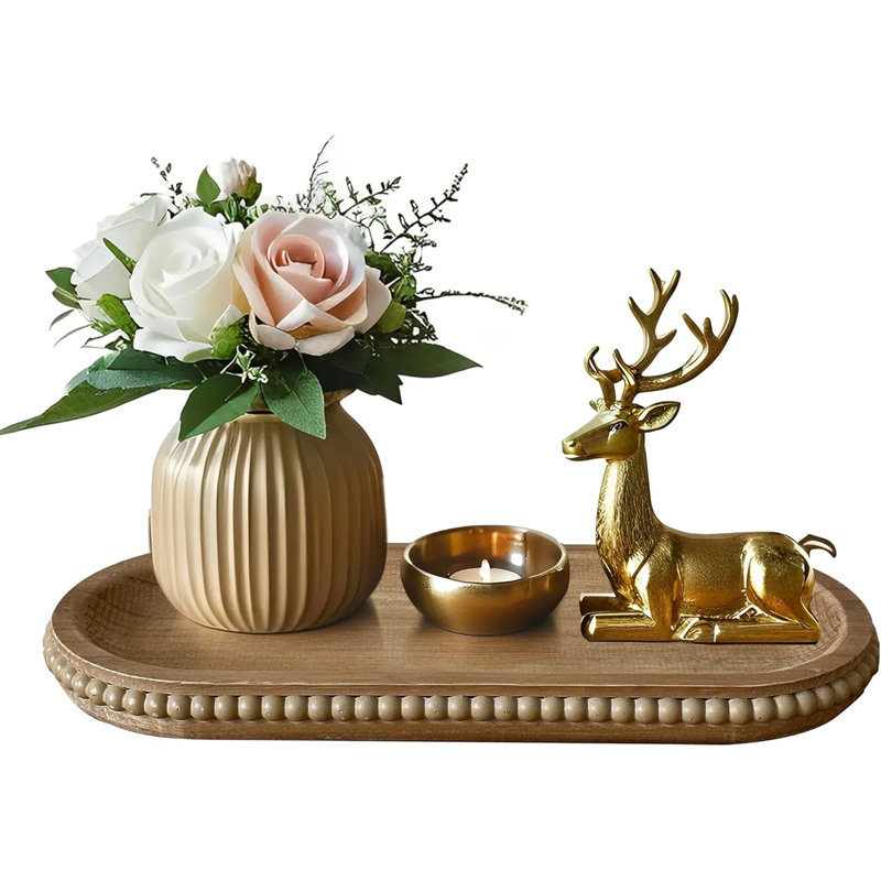 Wooden Farmhouse Decorative Tray, 11.8In Rustic Beaded Tray For Living Room Decor, Kitchen Table Décor, Oval Coffee Table Serving Tray (Natural)