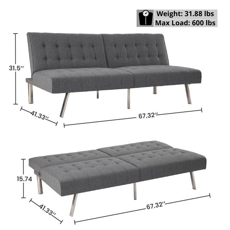 Canapé-lit futon de 68 po avec pieds en métal Blathnat, Gris 100% lin