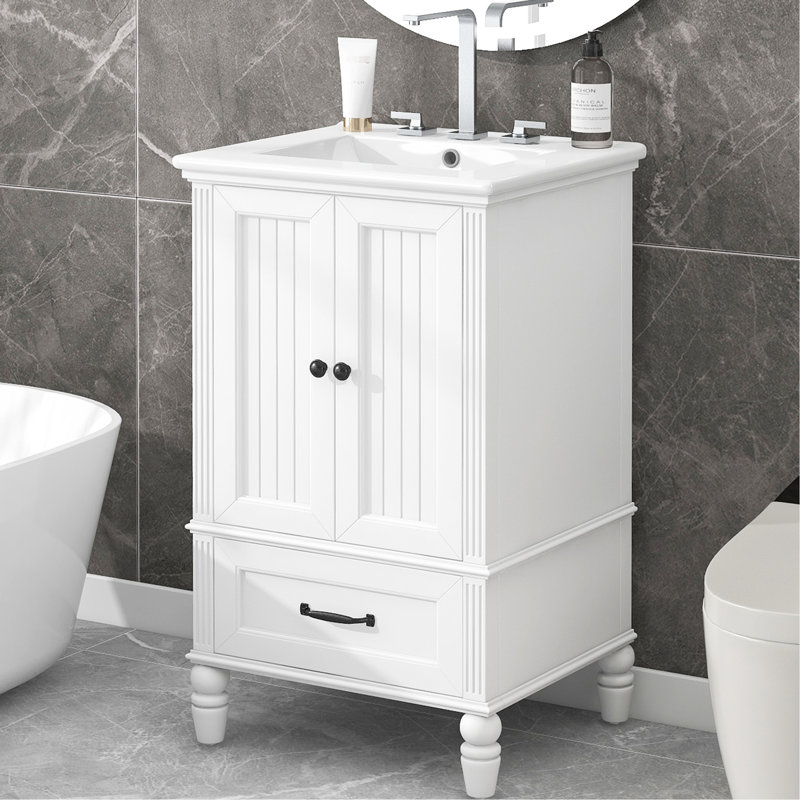 Meuble-lavabo de 20 po au design bien pensé, lavabo à armoire blanche, deux portes et un tiroir