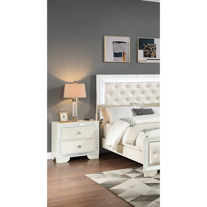 Cream Wooden 2 Bedside Table With Wireless Charging And Diamond Knob Handle Ornaments For Bedroom Colour 2 Drawers, Charging, Base