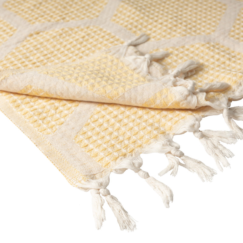 Yellow Honeycomb Pattern Turkish Cotton Throw Blanket with Tassels