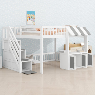 Lit mezzanine avec une maisonnette, éclairage à DEL et rangement pour les chambres d'enfants
