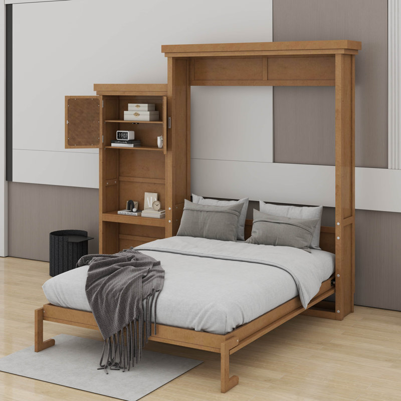 Grand lit escamotable avec tablettes et décoration à persiennes, Noyer