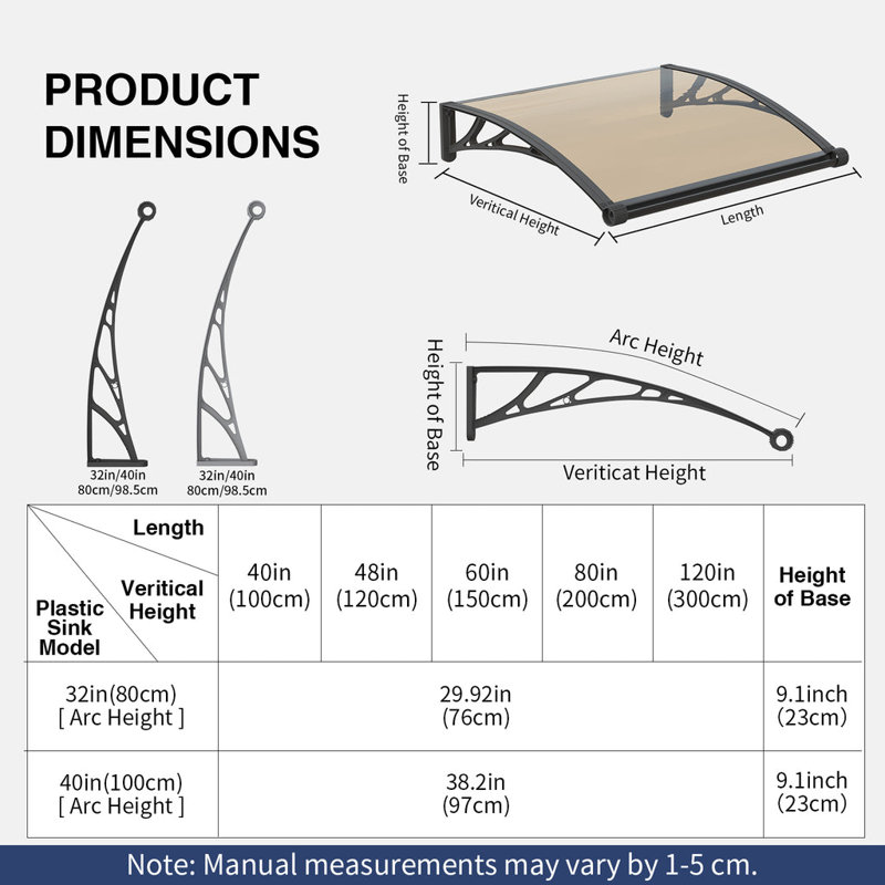 Solid Polycarbonate Sheet Window Awning Door Canopy  Panel with Large Drainage Grooves Bracket Outdoor Patio Shelter, Clear